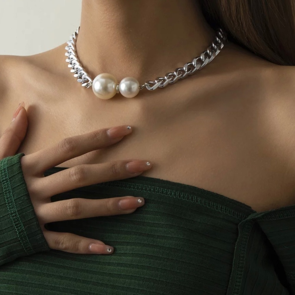 Silver Cuban Link & Pearl Chain Necklace